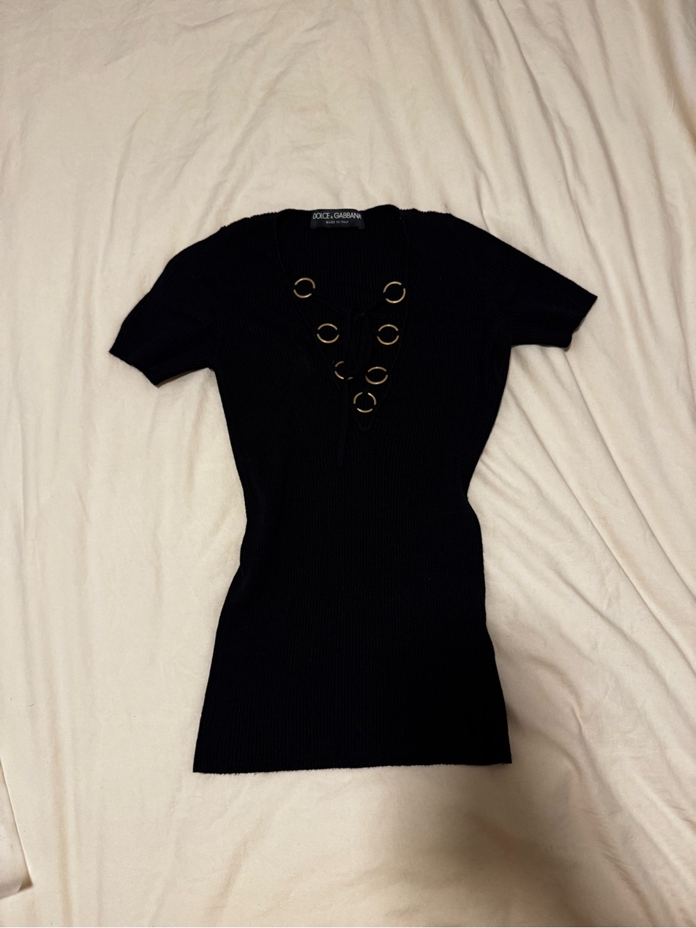 Dolce & Gabbana Black Short-Sleeve Ribbed Top with Gold Ring Accents